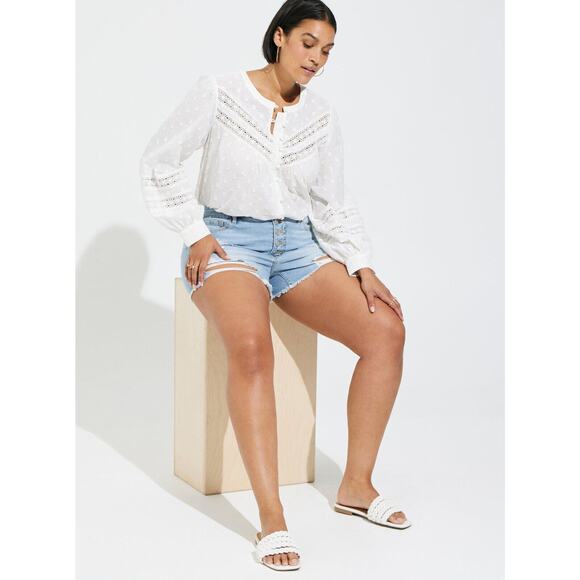 Torrid Cotton Clip Dot Collarless Lace Trim Long Sleeve Top White Plus Size 1 1X - Picture 9 of 9